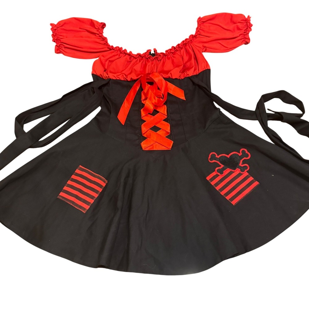 Sexy Pirate Wench Costume Dress Large Black Red Corset Lace Up Skull Halloween